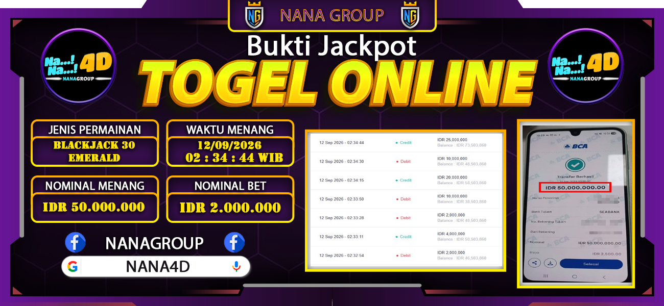 Bukti Kemenangan Besar Dibayar lunas Member NANA4D RP 50.000.000, 12 September 2026