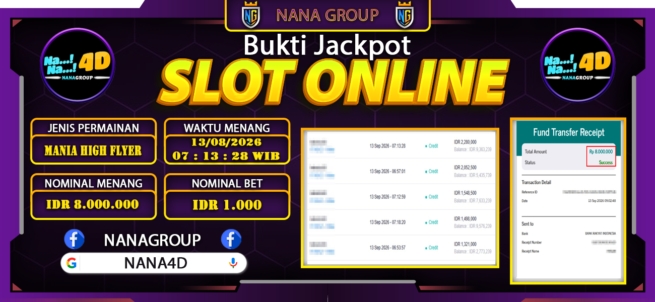 Bukti Kemenangan Besar Dibayar lunas Member NANA4D RP 8.000.000, 13 September 2026