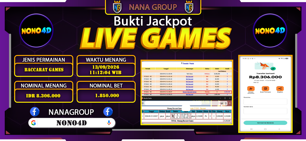 Bukti Kemenangan Besar Dibayar lunas Member NONO4D RP 8.306.000, 13 September 2026