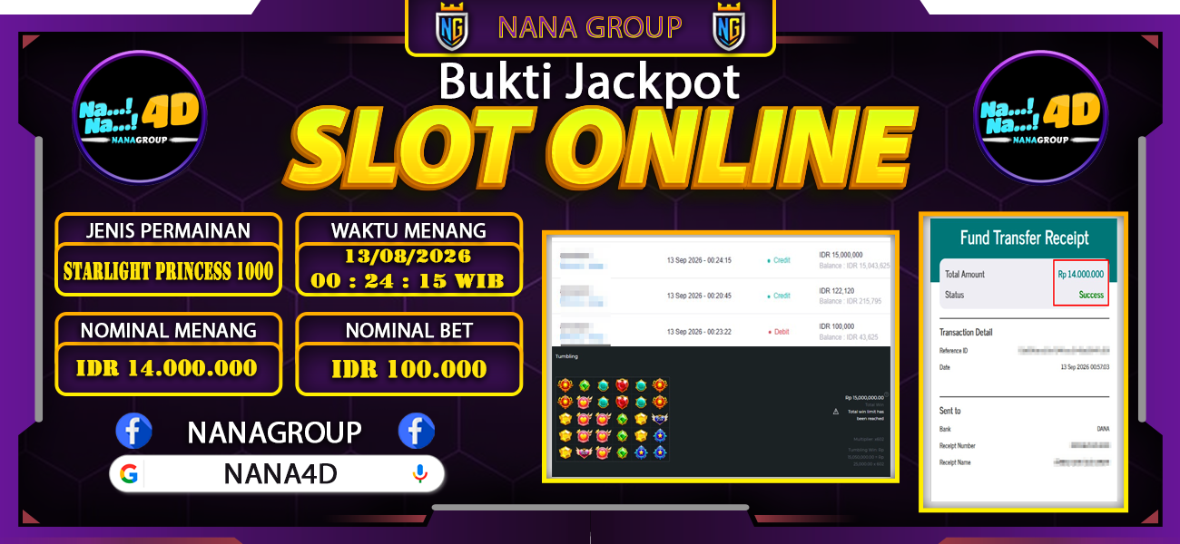 Bukti Kemenangan Besar Dibayar lunas Member NANA4D RP 14.000.000, 14 September 2026