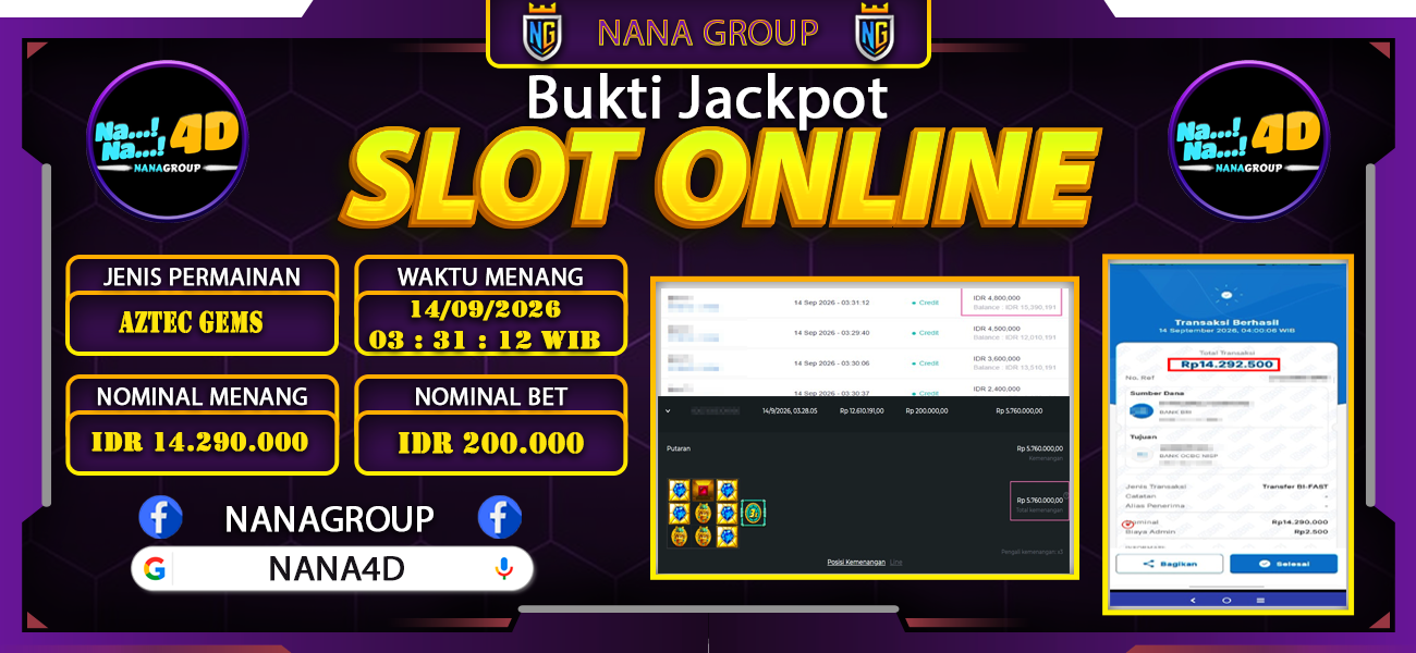 Bukti Kemenangan Besar Dibayar lunas Member NANA4D RP 14.290.000, 15 September 2026